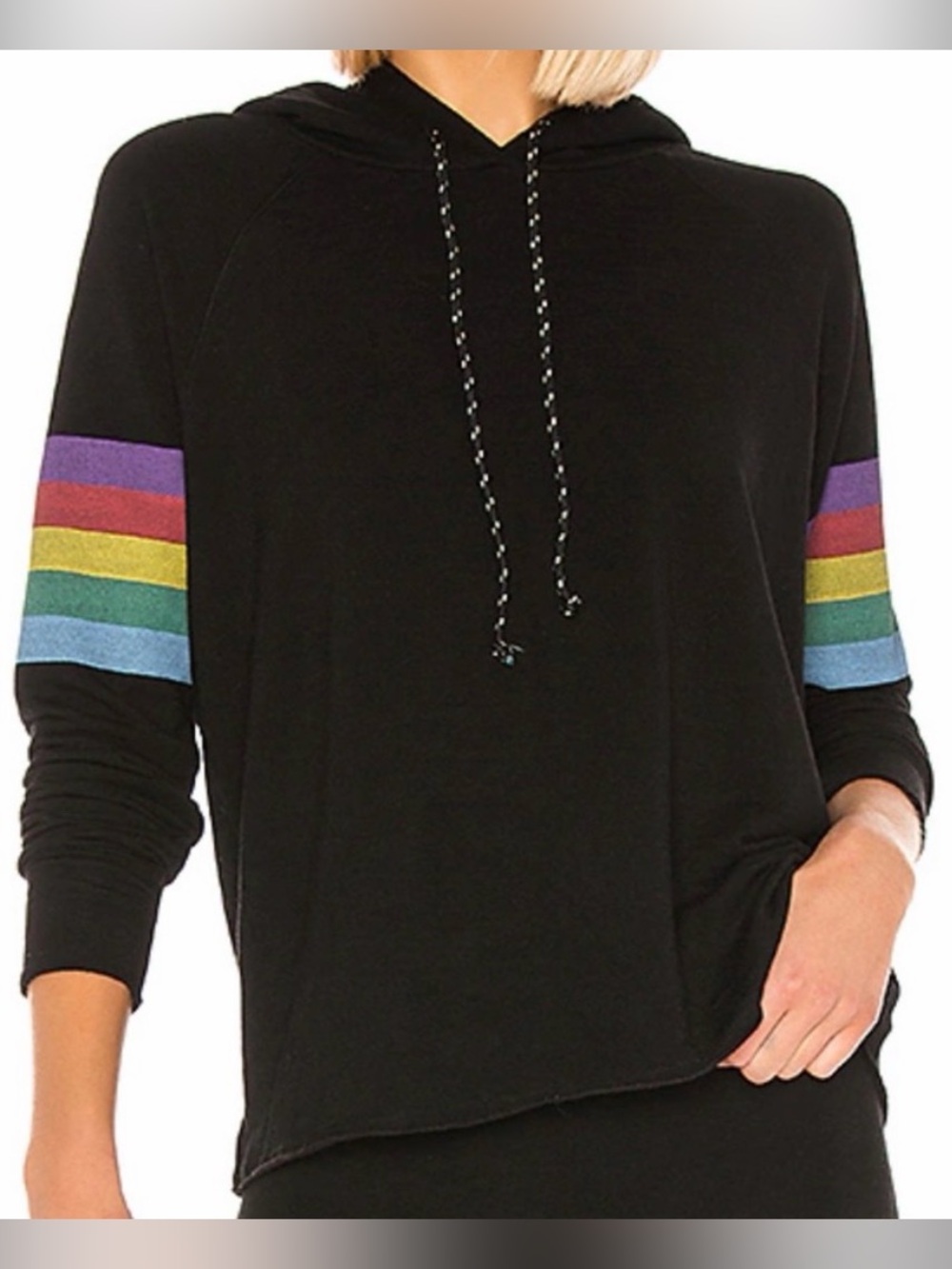 Sundry Rainbow Stripe Sleeve Raw Edge Hoodie - Size 3